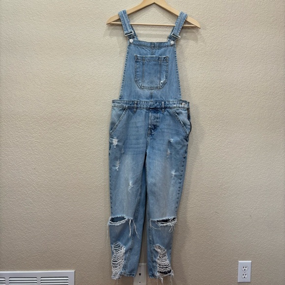 Zara Trafaluc Denim Blue Overalls Ripped Jumpsuit Size Small - Picture 1 of 9